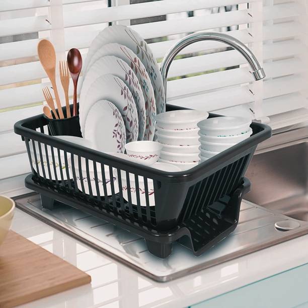 Quickmart Dish Drainer Kitchen Rack Plastic 3 in 1 Large Sink Set Dish Rack Drainer Drying Rack Basket with Tray (Black)