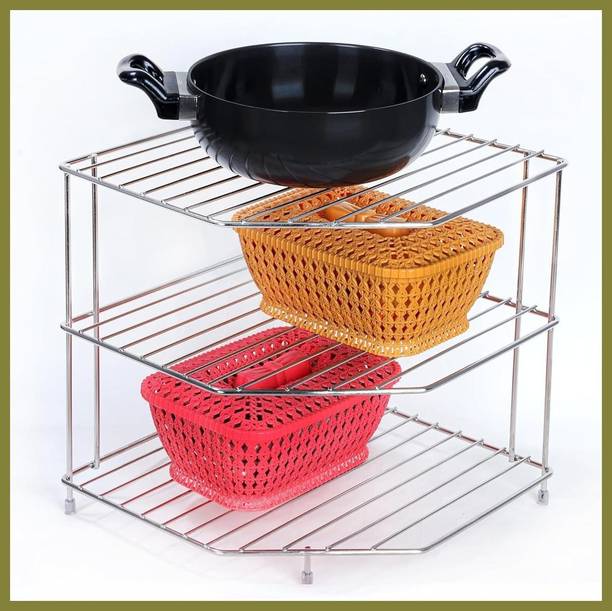 Zenzone Utensil Kitchen Rack Steel Kitchen Corner Organizer Steel 3 Tier Rack for Kitchen Bathroom