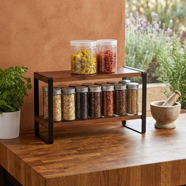 Elitewoodcrafts Utensil Kitchen Rack Wood, Iron Space Saving Spice Rack Stand For Kitchen Counter Organization