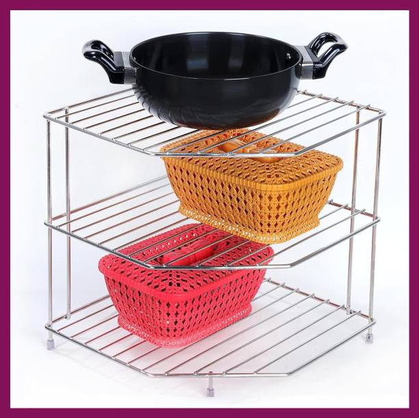 Zenzone Utensil Kitchen Rack Steel Steel Corner Shelf Steel 3 Tier Rack Modular Kitchen Use