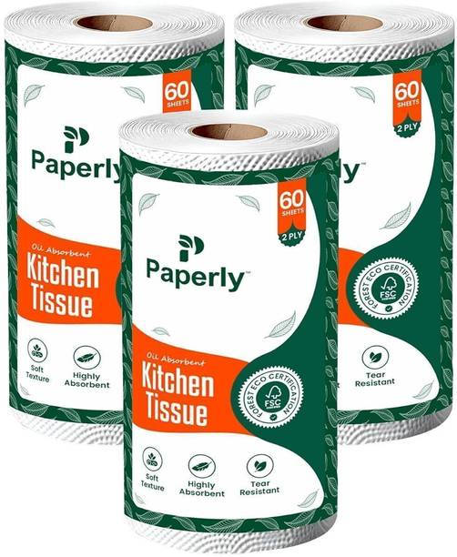 Paperly 2 Ply Kitchen Tissue Paper Roll Water & Oil Absorbency Pack-3, 60 Pull Per Pack