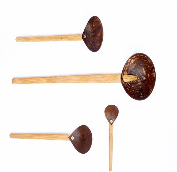 JU Mart Handamade Coconut Shell and Wood Spoon of 4 Size -Pack of 4 Kitchen Scoop