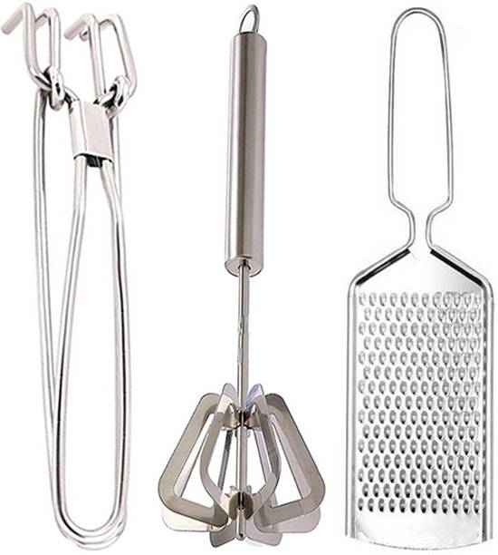 OC9 Stainless Steel Pakkad / Utility Tong & Mathani & Cheese Grater Kitchen Tool Set