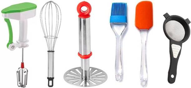 ओमोर्टेक्स Maharaja Combo Of Manual Hand Blender, Whisk, Stainless Steel मैशर , ब्रश के साथ स्पैचुला और 2 इन 1 स्ट्रेनर-ग्रेटर (6 का पैक) रसोई उपकरण सेट
