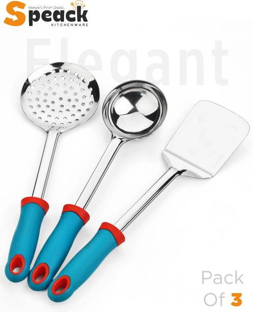 स्पीक TGR_J_3PCS_ELEGANT_BLUE Soft-Touch, Double-Molded 3-Piece Steel Cooking Spoon Set, Heat-Resistant पैसिफिक ब्लू रसोई उपकरण सेट