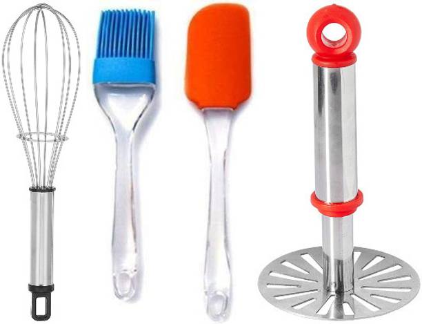 ओमोर्टेक्स Useful Combo Stainless Steel आलू मैशेर और व्हिस्कर और स्पैटुला और ब्रश किचन टूल्स सेट बहुरंगी रसोई उपकरण सेट