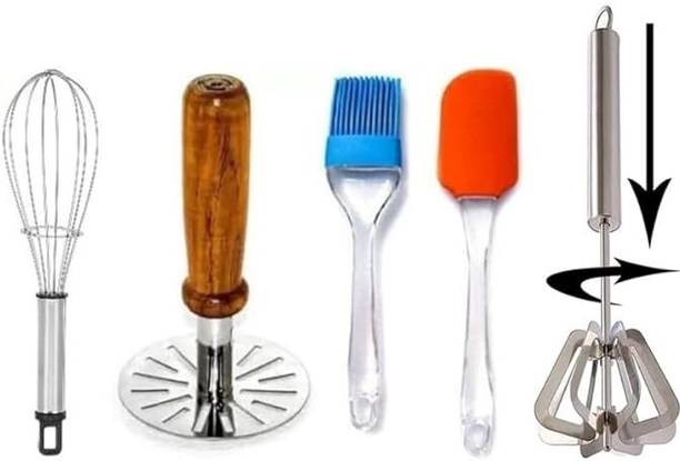 Cuizy 5 in 1 Kitchen Combo of Whisk, Masher, Spatula Brush and Push Whisk (Pack of 5) Kitchen Tool Set