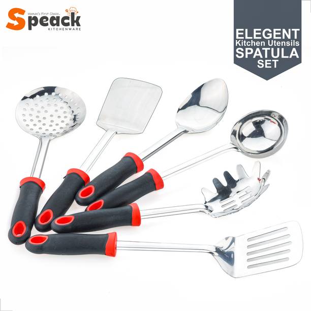 स्पीक TGR_ELEGANT_LADLE_SET_BLACK_6PCS लाडल | स्पैटुला | कुकिंग | सर्विंग | चम्मच | स्टील | सेट के लिए रसोई उपकरण सेट