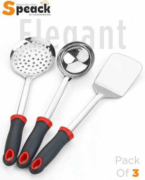 स्पीक TGR_J_3PCS_ELEGANT_BLACK Soft-Touch, Double-Molded 3-Piece Steel Cooking Spoon Set, Heat-Resistant चारकोल ब्लैक रसोई उपकरण सेट