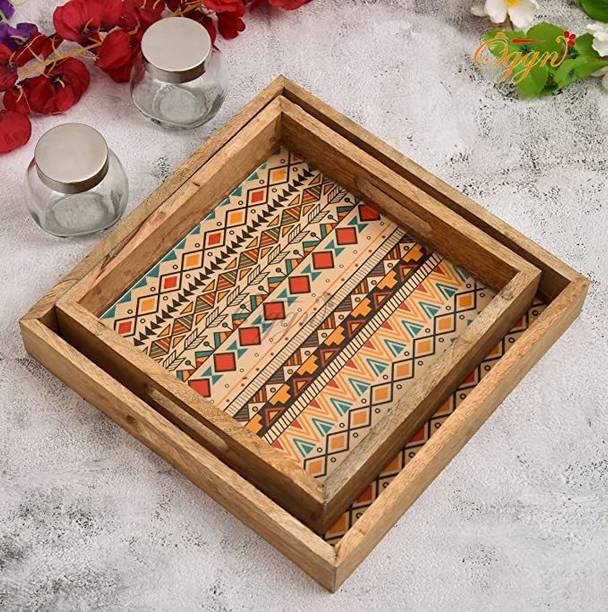 OGGN Wooden Printed Multi Purpose Tray Set Of 2 Vintage...