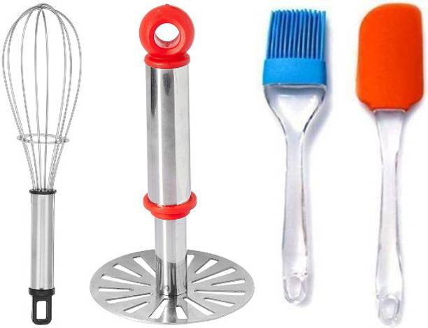 ओमोर्टेक्स Masher combo kitchen किचन के लिए स्टेनलेस स्टील आलू मैशर और व्हिस्क और स्पैचुला और ब्रश कॉम्बो बहुरंगी रसोई उपकरण सेट