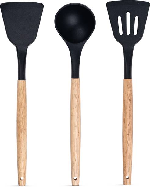 MYOZ 3-Pcs Silicone Spatula Cooking Set with Wooden Handles for Non-Stick Cookware Kitchen Tool Set