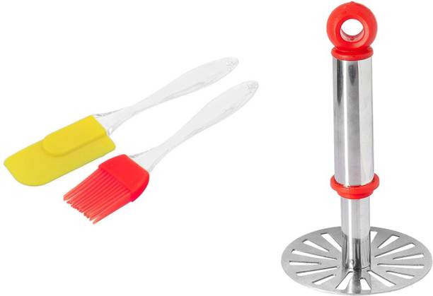 ओमोर्टेक्स Daily Use Kitchen Combo Of Spatula & Brush And स्टेनलीस स्टील पाव भाजी वेजिटेबल मैशर (3 का पैक) बहुरंगी रसोई उपकरण सेट