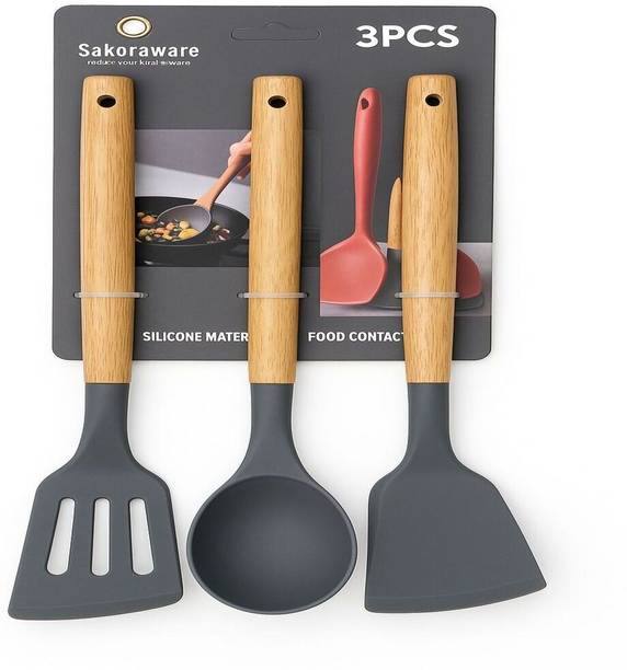 Sakoraware Silicone Spatula Set of 3 Heat Resistant Non-Stick with Wooden Handle for Baking Kitchen Tool Set