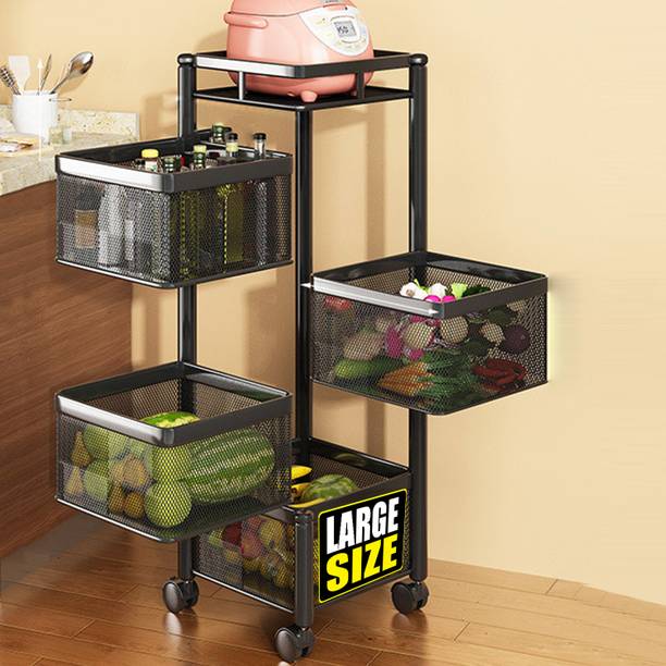 iBELL KT495 Kitchen Rack Rotating Stand, Basket Organizer, 4Tier Portable Storage, Carbon Steel Kitchen Trolley