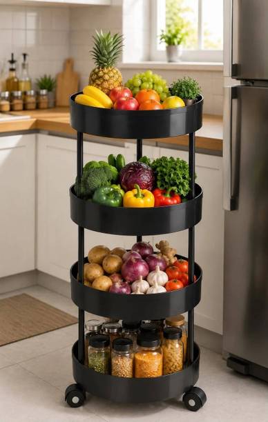 AMAR KITCHENWARE 4-tier Multipurpose Plastic Fruit & Vegetable trolley with Wheels | Black Plastic Kitchen Trolley