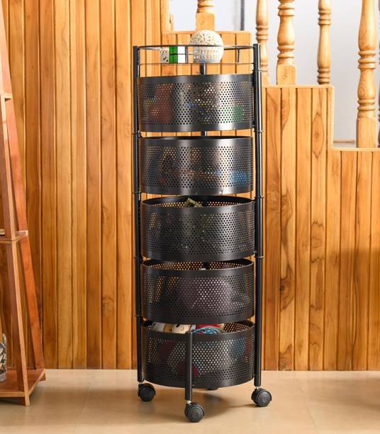 Angelware 5 Layer Kitchen Trolley Storage Rack Round Design Fruits & Vegetable Basket Iron Kitchen Trolley