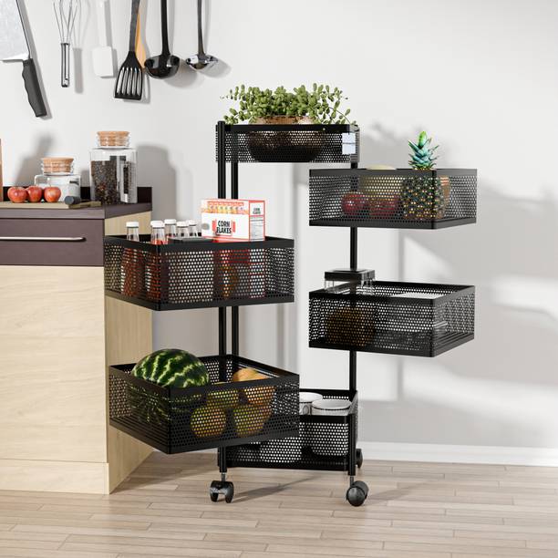 HOMESTIC 5+1 Layer Kitchen Metal Storage Rack with Wheels | Square Shape - Black Iron Kitchen Trolley