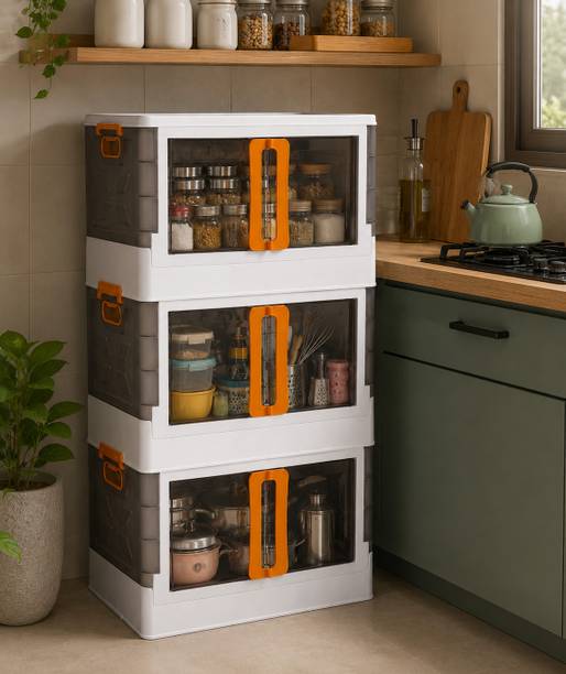 AK10ZONE 3 LAYER Foldable Storage Box with Front Double Door Plastic Kitchen Trolley