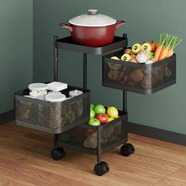 KriShyam ®4-Tier Metal Rolling Storage Trolley with Wheels|Multipurpose Utility Organizer Carbon Steel Kitchen Trolley