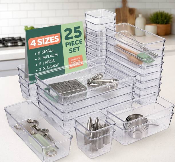 AK10ZONE Kitchen Trolley Organizer 25-Piece Multi-Size Clear Storage Bin Set Plastic Kitchen Trolley