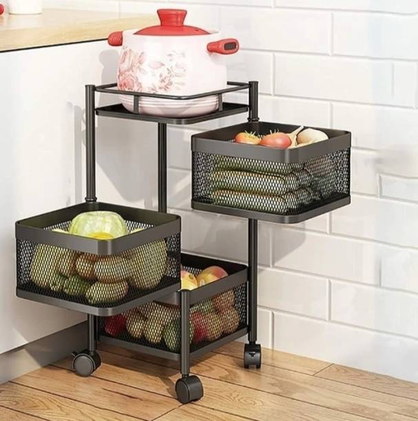TrendyCreationHub 3 Layer Rack Black Iron Fruit & Vegetable Kitchen Trolley With 4 Wheel Carbon Steel Kitchen Trolley