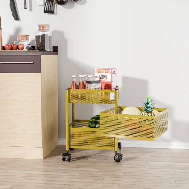 HOMESTIC 2+1 Layer Kitchen Metal Storage Rack with Wheels | Square Shape - Golden Iron Kitchen Trolley