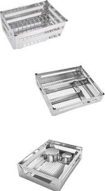 Sanjari XYZ (3 Piece 15X20X4,15X20X6,15X20X8 Stainless Steel Perforated Sheet Modular Kitchen Basket (3 Set 15 W X 20 D inches Basket) Steel Kitchen Trolley