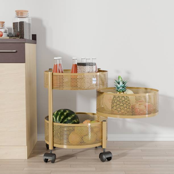 HOMESTIC 2+1 Layer Kitchen Metal Storage Rack with Wheels | Round Shape - Golden Iron Kitchen Trolley
