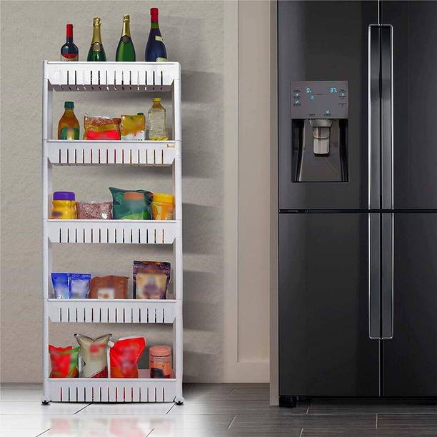 Shopixo Shopixo Premium Unbreakable Plastic 5 Layer Slim Side Space Saving Multipurpose Utility Storage Organizer Rack Shelf with Wheels for Easy Movement for Household Kitchen, Office, Bathroom (5 layer) Plastic Kitchen Trolley Plastic Kitchen Trolley