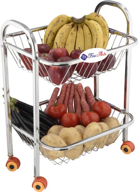 FineArts Stainless Steel 2 - Tier Fruits & Vegetable Trolley Basket Holder for Kitchen Stainless Steel Kitchen Trolley