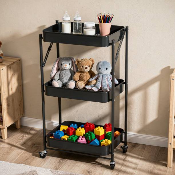 Dailora Multipurpose Foldable Kitchen Storage Trolley with Handle 3-Tier Utility Cart Carbon Steel Kitchen Trolley
