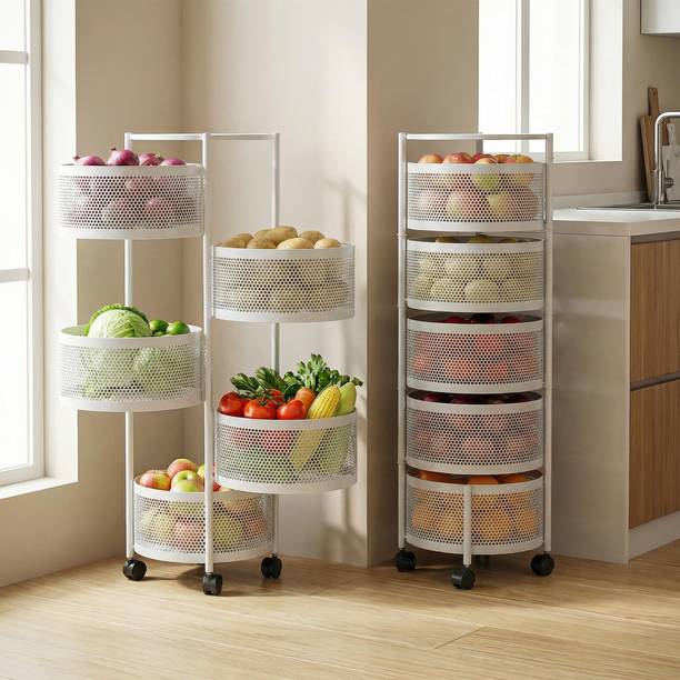 Dailora 5+1 Layer Kitchen Metal Storage Organizer Onion Rack with Wheels Round Shape Carbon Steel Kitchen Trolley
