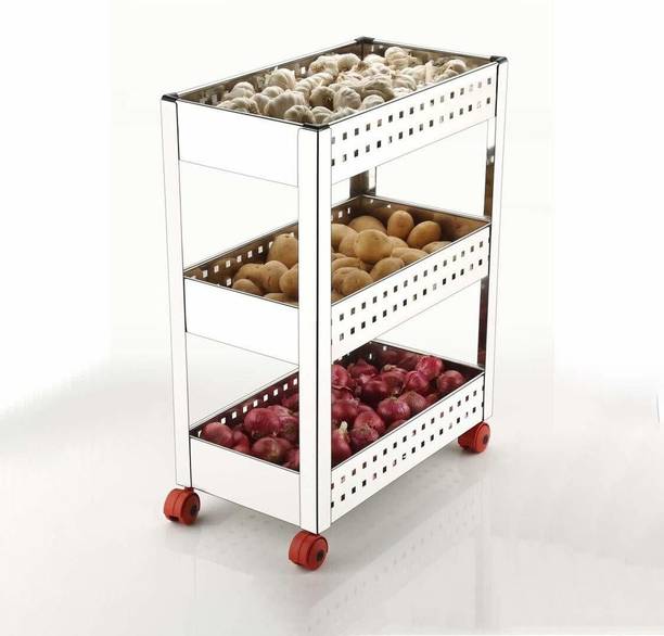 4tens 3Layer Folding Fruit & Vegetable Basket Kitchen&Bathroom Storage Rack Stainless Steel Kitchen Trolley