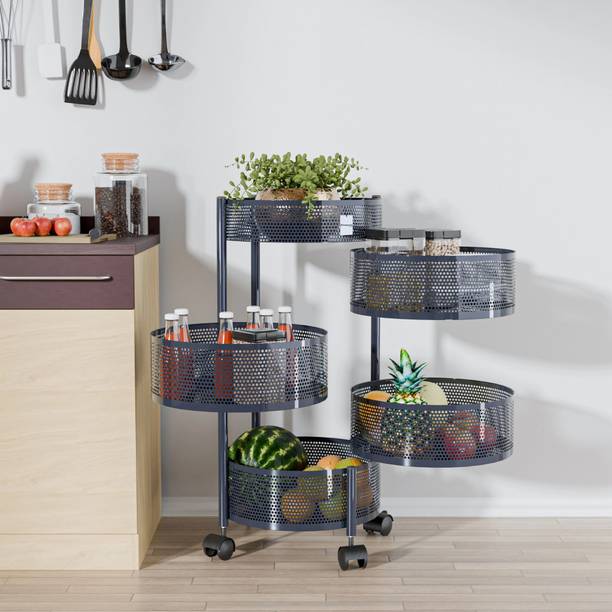 HOMESTIC 4+1 Layer Kitchen Storage Rack with Wheels | Round Shape - Dark Grey Iron Kitchen Trolley