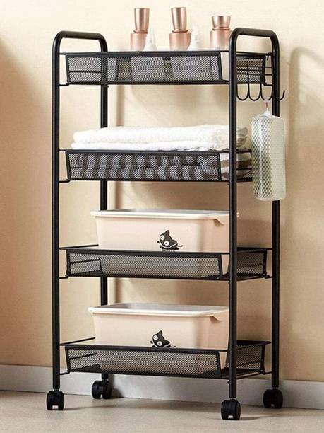 KriShyam ® 4-Tier Slim Metal Rolling Cart, Mesh Wire Storage Utility Trolley, Fruit Stand Carbon Steel Kitchen Trolley