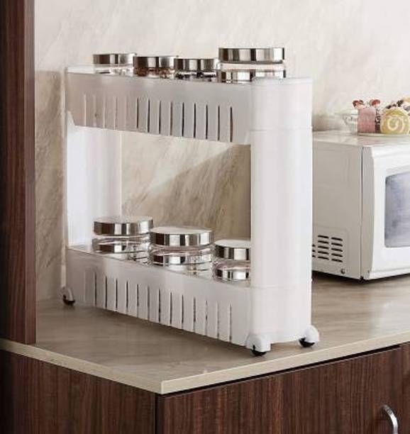 MECHON 2 Tier Kitchen Trolley, Easy-To-Move Slide Out Shelf Slim Rack White Plastic Kitchen Trolley