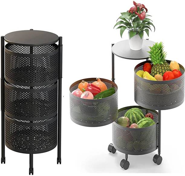 Jovial 3 Layer with Top Layer Kitchen Round Rotating Trolley, Vegetable Storage Rack Carbon Steel Kitchen Trolley