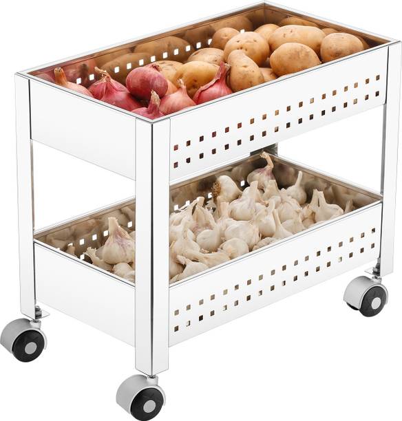 Plantex Stainless Steel 2-Tier Vegetable Basket for Kitchen/Onion Garlic Stand/Vegetable Storage Stand-Trolley for Kitchen(Round Profile-Silver) Stainless Steel Kitchen Trolley