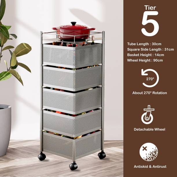 ASHLAS 5-Tier Revolving Multipurpose Storage Rack with Wheels | Silver Iron Kitchen Trolley