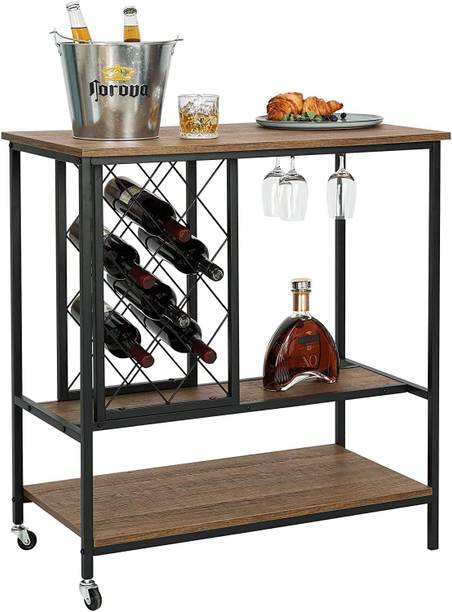 Indian Decor Wine Rack Table,Industrial Bar Cart on Wheels,3-Tier Wood & Metal Liquor Cabinet Iron, Wooden Kitchen Trolley