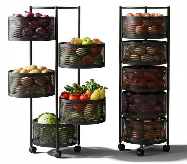 डाइलोरा 5+1 Layer Kitchen Metal Storage Organizer Onion Rack with Wheels Round Shape कार्बन स्टील रसोई ट्रॉली