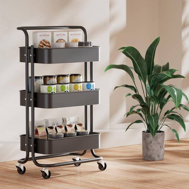 KriShyam ® 3 Tier Mesh Utility Cart, Rolling Metal Organization Cart and Lockable Wheels Carbon Steel Kitchen Trolley