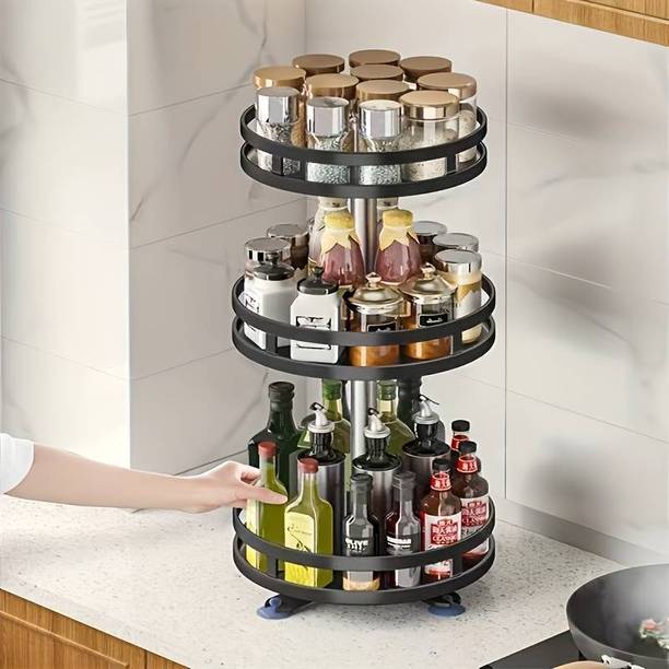 BAZKU 3 Tier 360° Tabletop Rotating Kitchen Rack, Kitchen Pantry Storage Organizer Plastic Kitchen Trolley