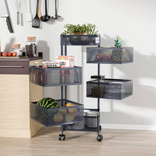 HOMESTIC 5+1 Layer Kitchen Storage Rack with Wheels | Square Shape - Dark Grey Iron Kitchen Trolley
