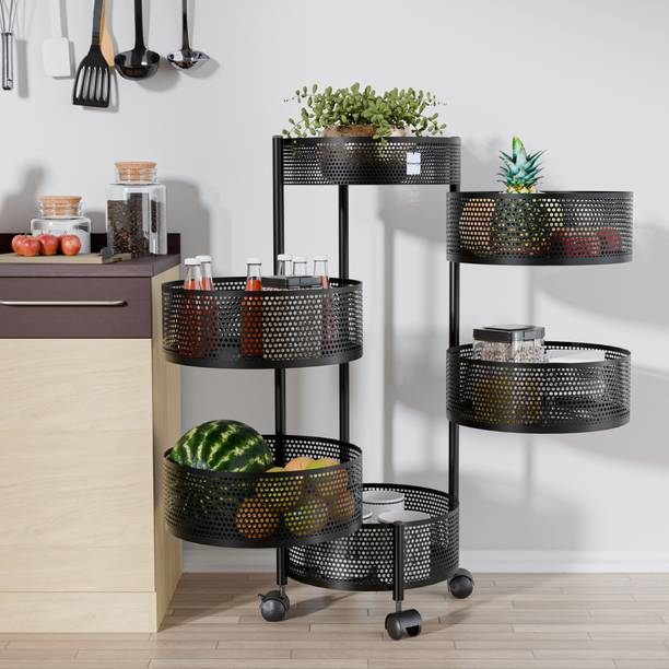 HOMESTIC 5+1 Layer Kitchen Metal Storage Rack with Wheels | Round Shape - Black Iron Kitchen Trolley