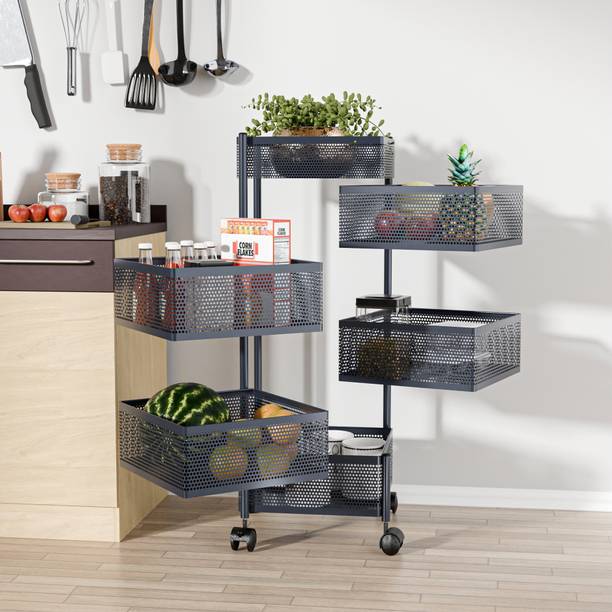 KUBER INDUSTRIES 5+1 Layer Kitchen Storage Rack with Wheels | Square Shape - Dark Grey Iron Kitchen Trolley