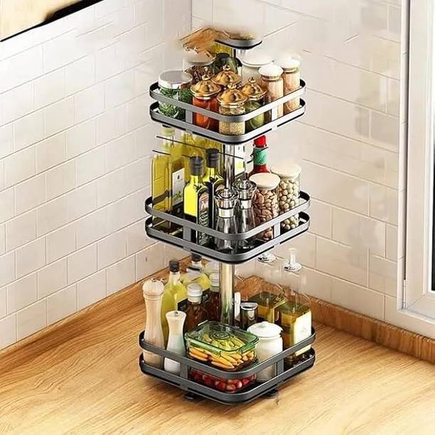 BAZKU 3 Tier 360° Tabletop Rotating Kitchen Rack, Kitchen Pantry Storage Organizer Plastic Kitchen Trolley