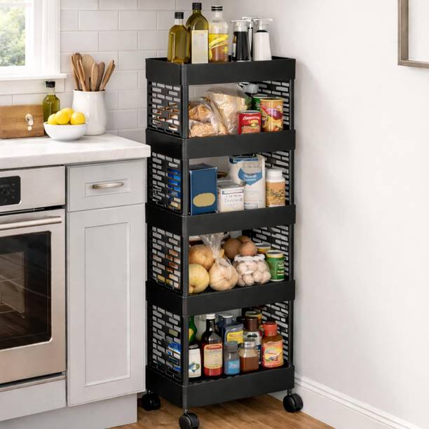 RDJ PRODUCTS 5 Layer Black Tier Rolling Storage Kitchen Storage Organizer Kitchen Trolley Plastic Kitchen Trolley