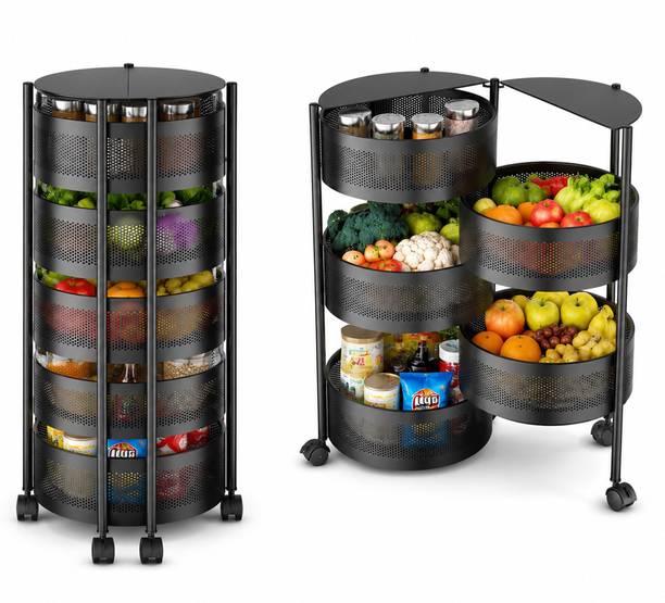 JD FRESH 5 Layer 360-Degree Rotating Metal Trolley with Expandable Side Opening Design Carbon Steel Kitchen Trolley
